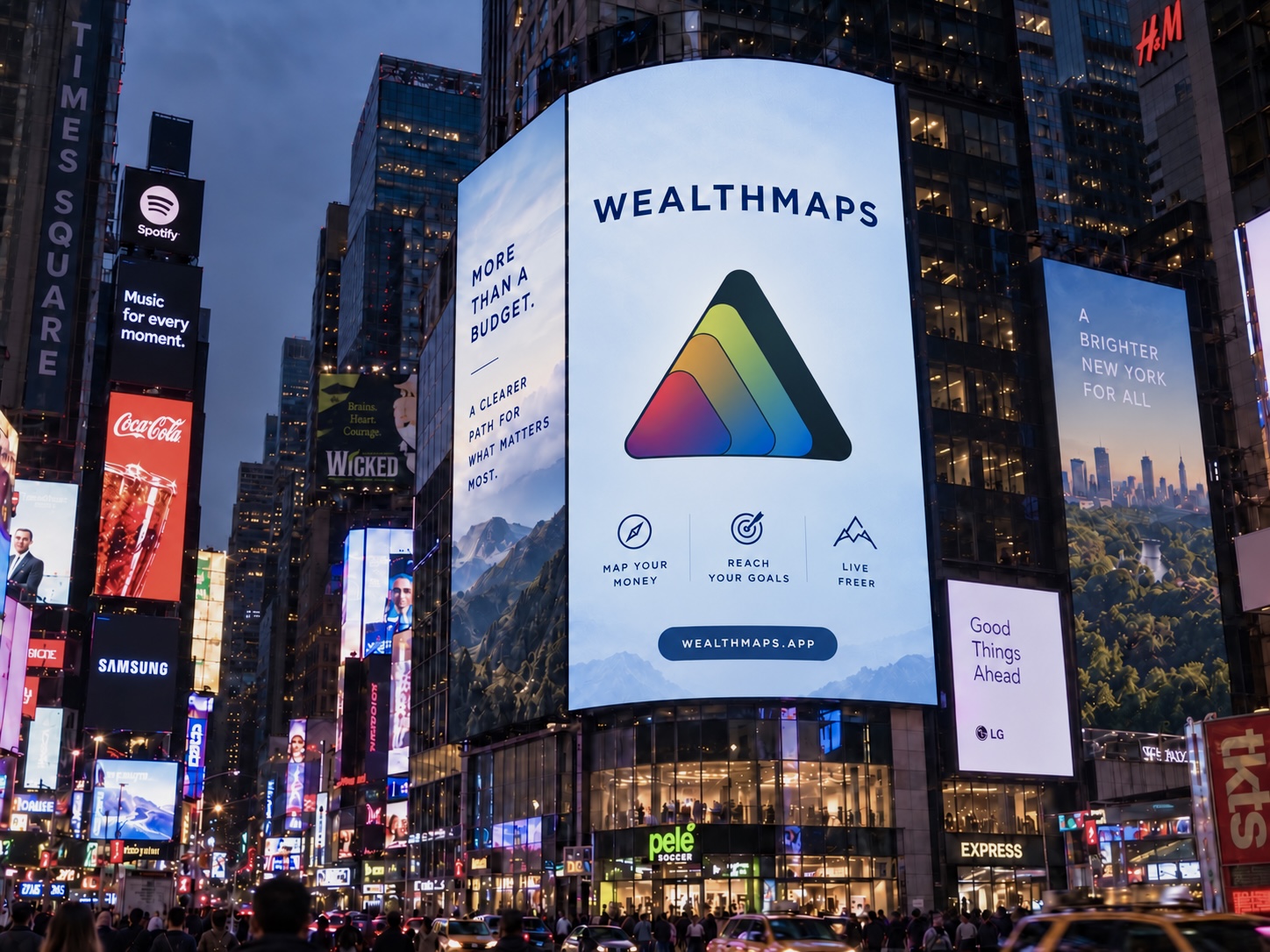 WealthMaps billboard artwork in Times Square at dusk.